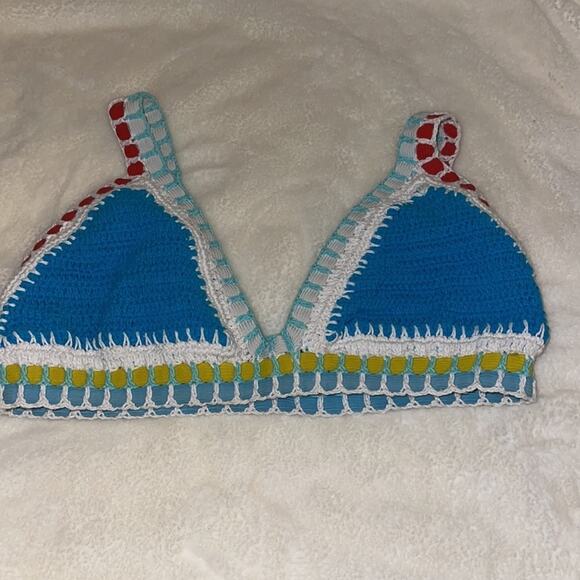 Bali Chic Crochet Boho Knit Blue Pull on Swimsuit Top XL - Picture 2 of 6